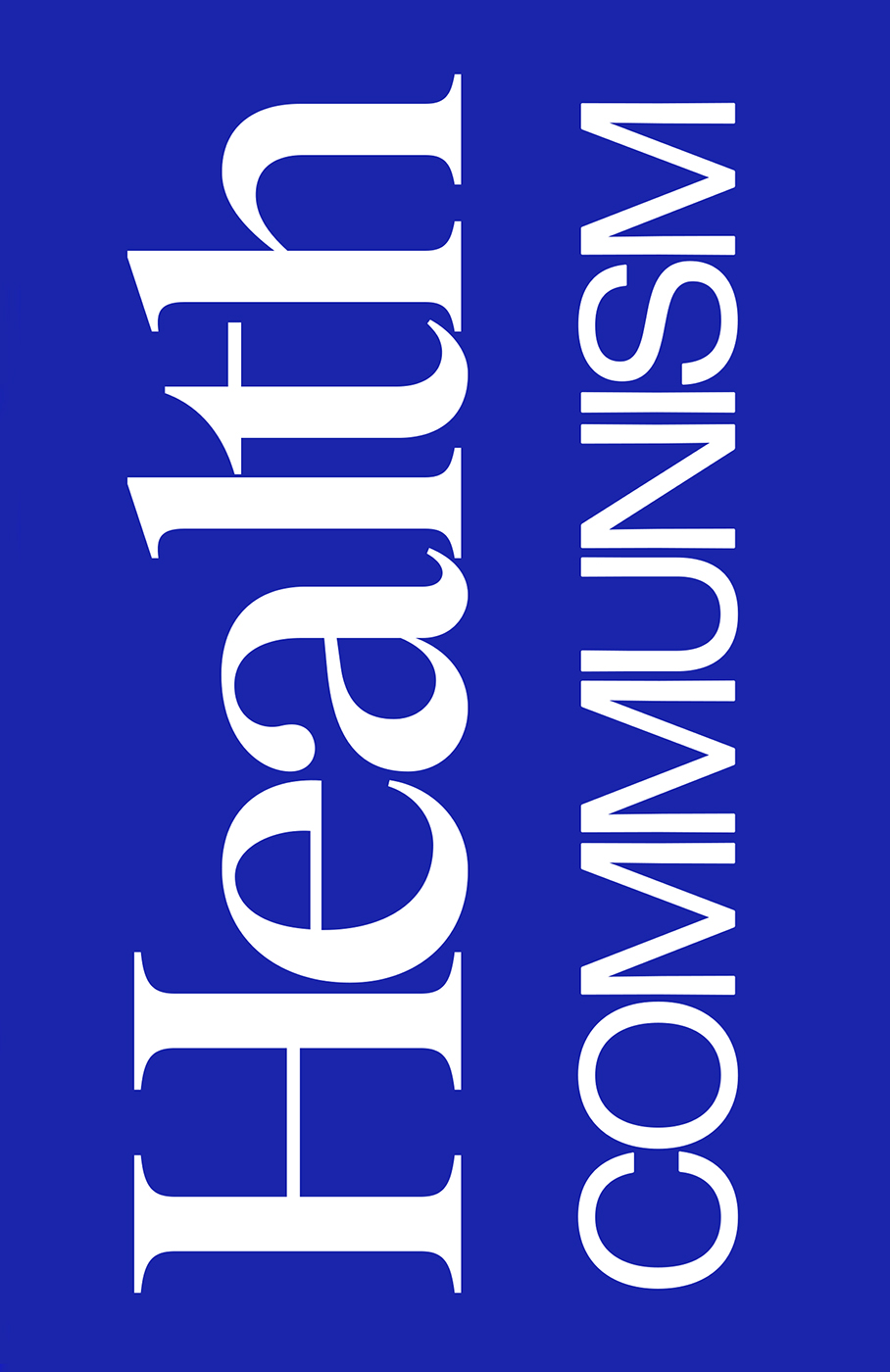 Health Communism cover. Large text reading Health Communism in white lettering against a solid dark blue background